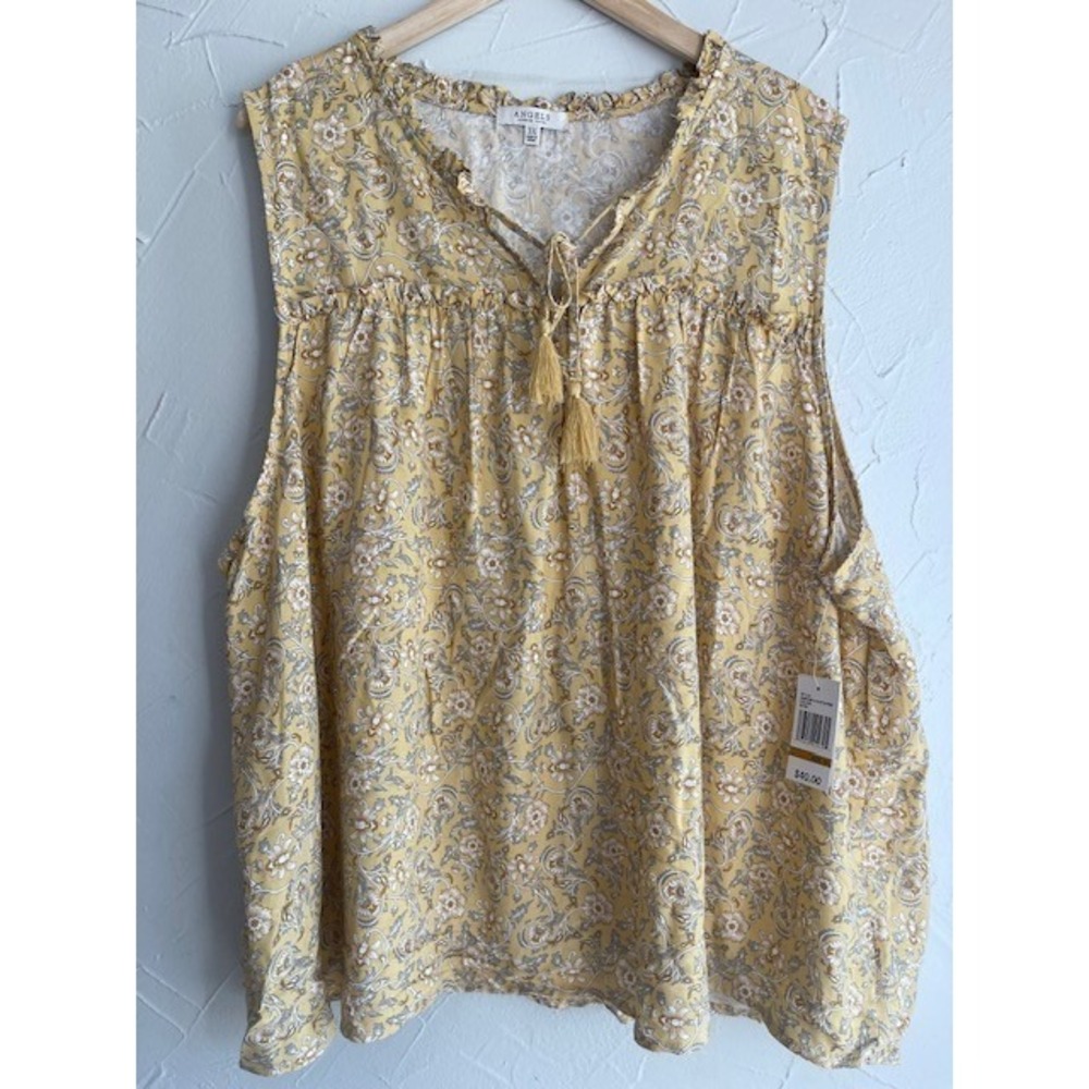 NWT ANGELS Womens Sleeveless V-Neck Blouse Shirt Yellow/Gray Floral‎ - 3X